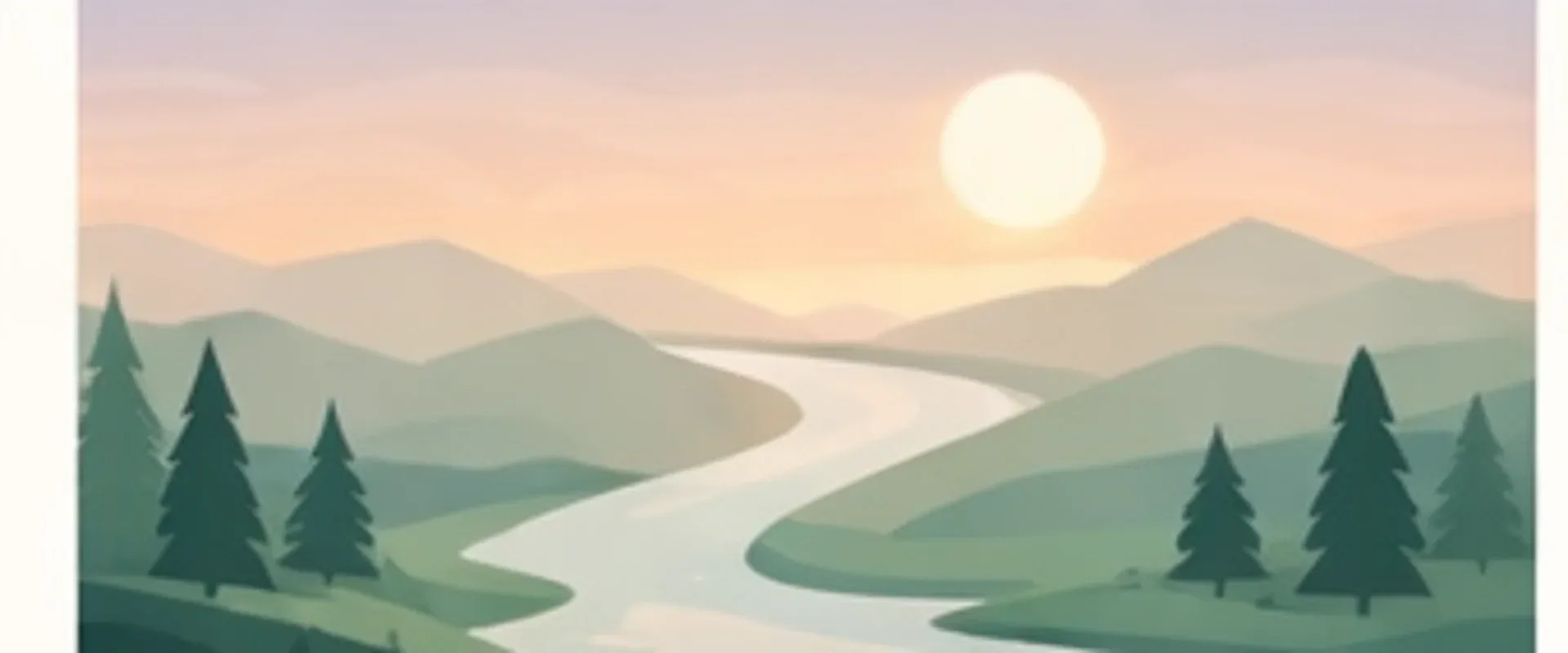 A warm sunrise over ridgelines and a winding river in a field-guide illustration style.